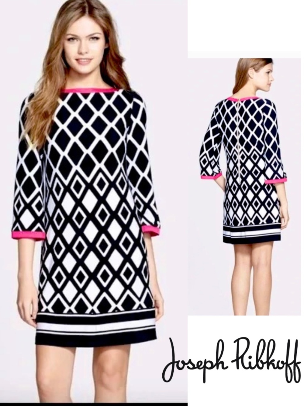 Like New Joseph Ribkoff Shift Dress Blk/Wht Diamond Print Pink Edging Size 8